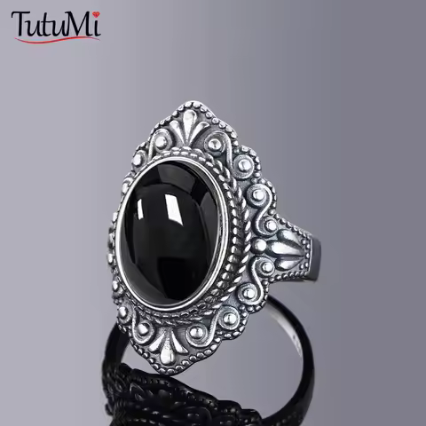 S925 Silver Ring Oval Natural Black Onyx Rings Finger Ring Retro Black Labradorite Fine Jewelry Party For Women Men