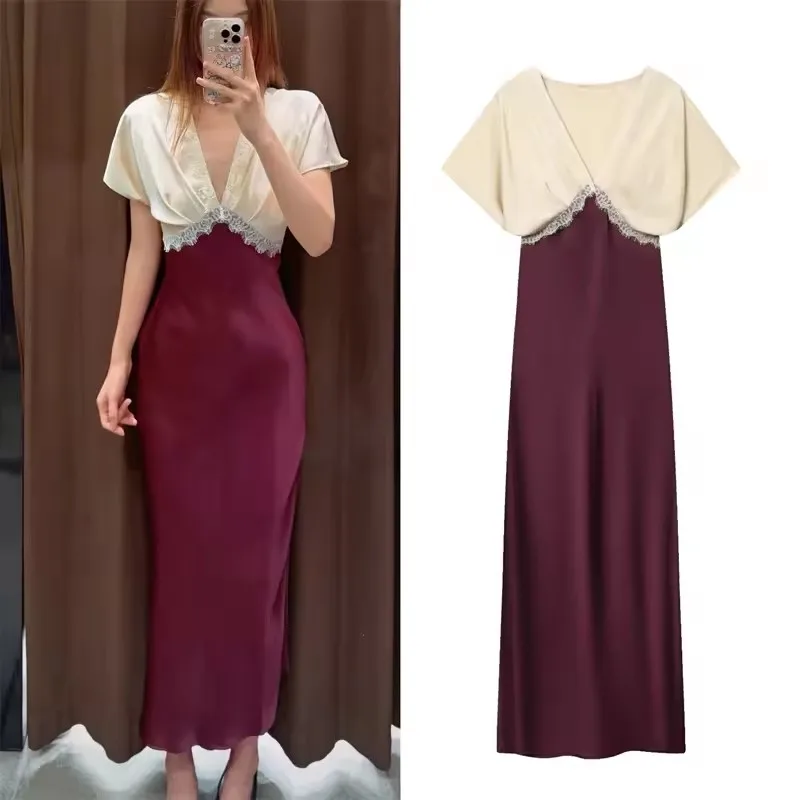 

Новое элегантное женское платье из атласа с кружевными вставками, модное, с V-образным вырезом, короткими/длинными рукавами, для вечеринок, лето-осень 2026