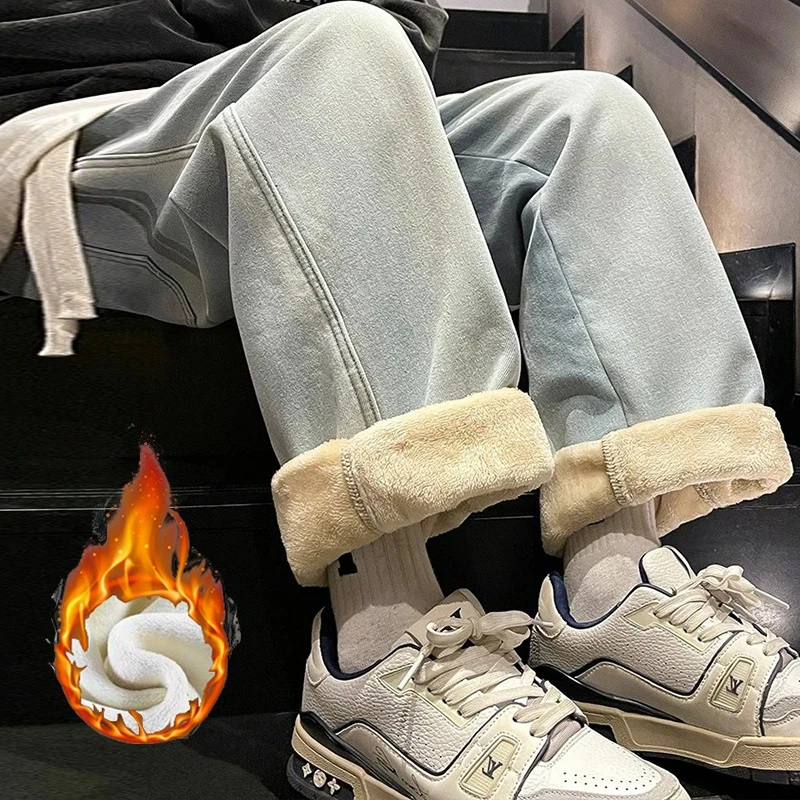 

Men Autumn Winter Snow Warm Plush Jeans Male Casual Fleece Lined Thickened Denim Pants Elastic Waist High Street Trousers