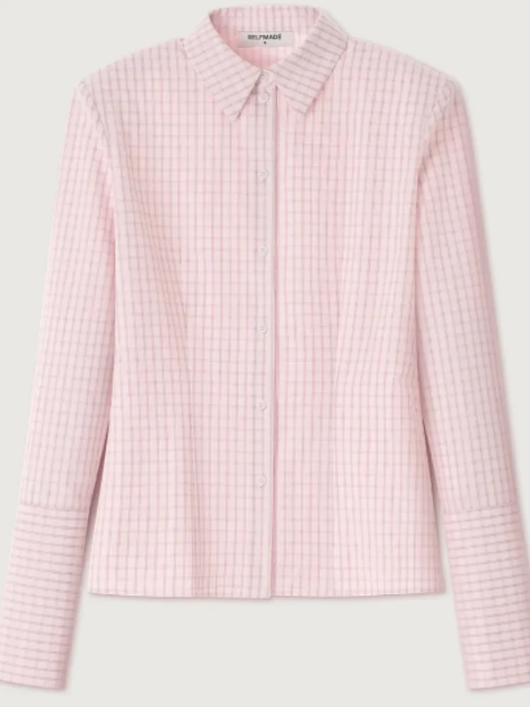 

Женская розовая рубашка в мелкую клетку, приталенная, элегантная, модная, с воротником-стойкой, на пуговицах, в клетку, 2026. Женские повседневные топы для ежедневной носки.