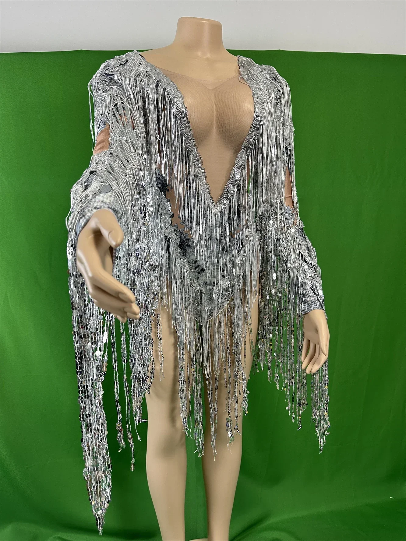 Women Tassel Silver Sparkly Sheer Sequins Bodysuits Singer Dancer Stage Wear Drag Queen Rhinestone Sexy Leotard