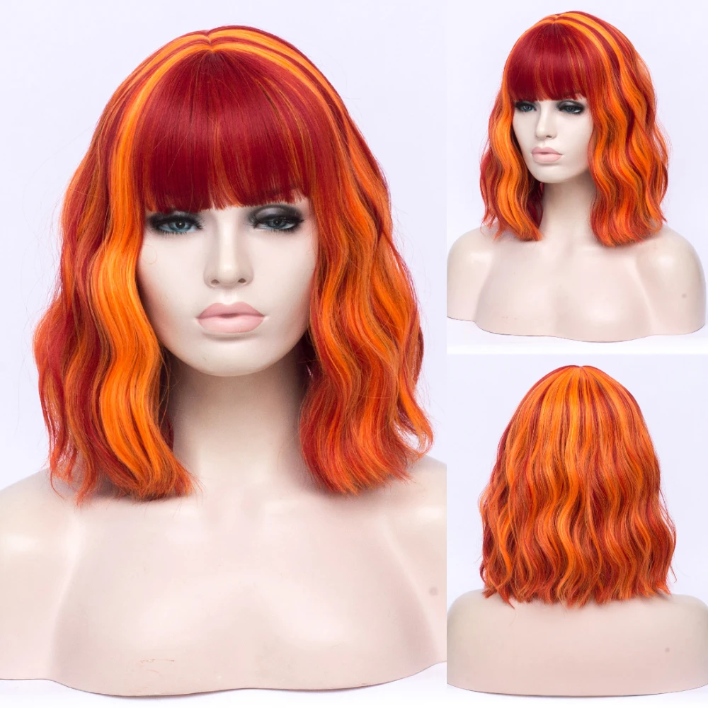 GAKA Women Ombre Bob Wig Blue Short Deep Wave Synthetic Cosplay Wigs Pink White Green Two Tone Highlight Hair For Girl Party