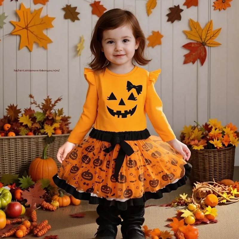 

Halloween Costume Baby Girl Pumpkin Print Romper TUTU Dress 2 Piece Set Flying Sleeves Cute Carnival Newborn Girls Party Outfits