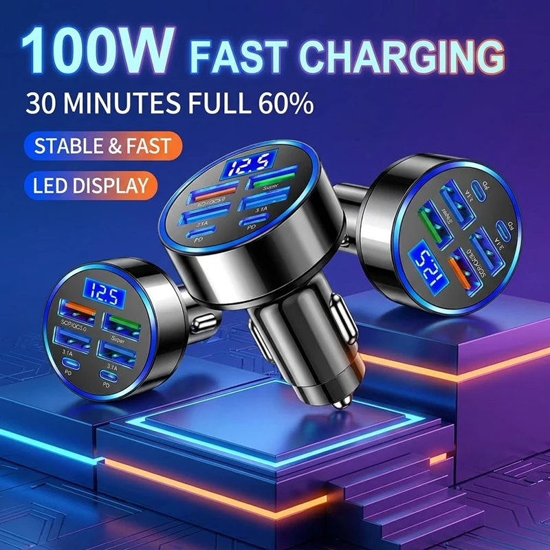 

100W Multi Port Car Charger Fast Charging Adapter with LED Voltage Display USB C PD and QC3.0 For Smartphones Tablets For iPhone
