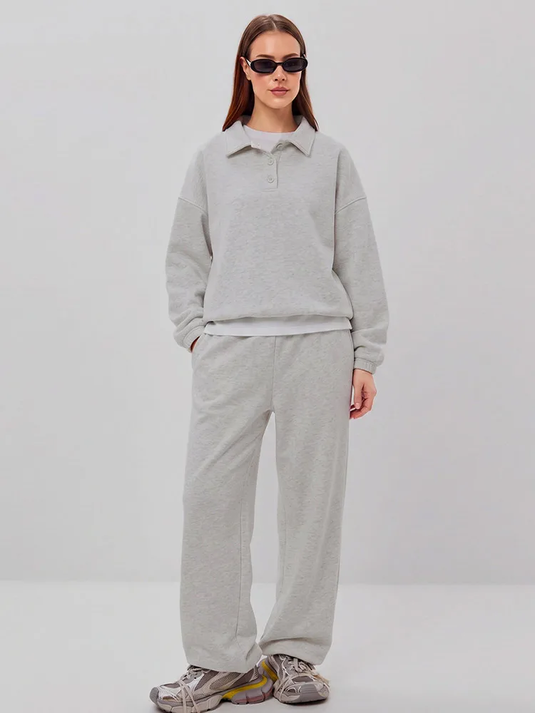 Damen-Hosenanzug 2-teilig Polokragen Langarm-Sweatshirt Pullover Elastische Taille Hose Streetwear Einfarbiger Oversize-Trainingsanzug – Detail 10