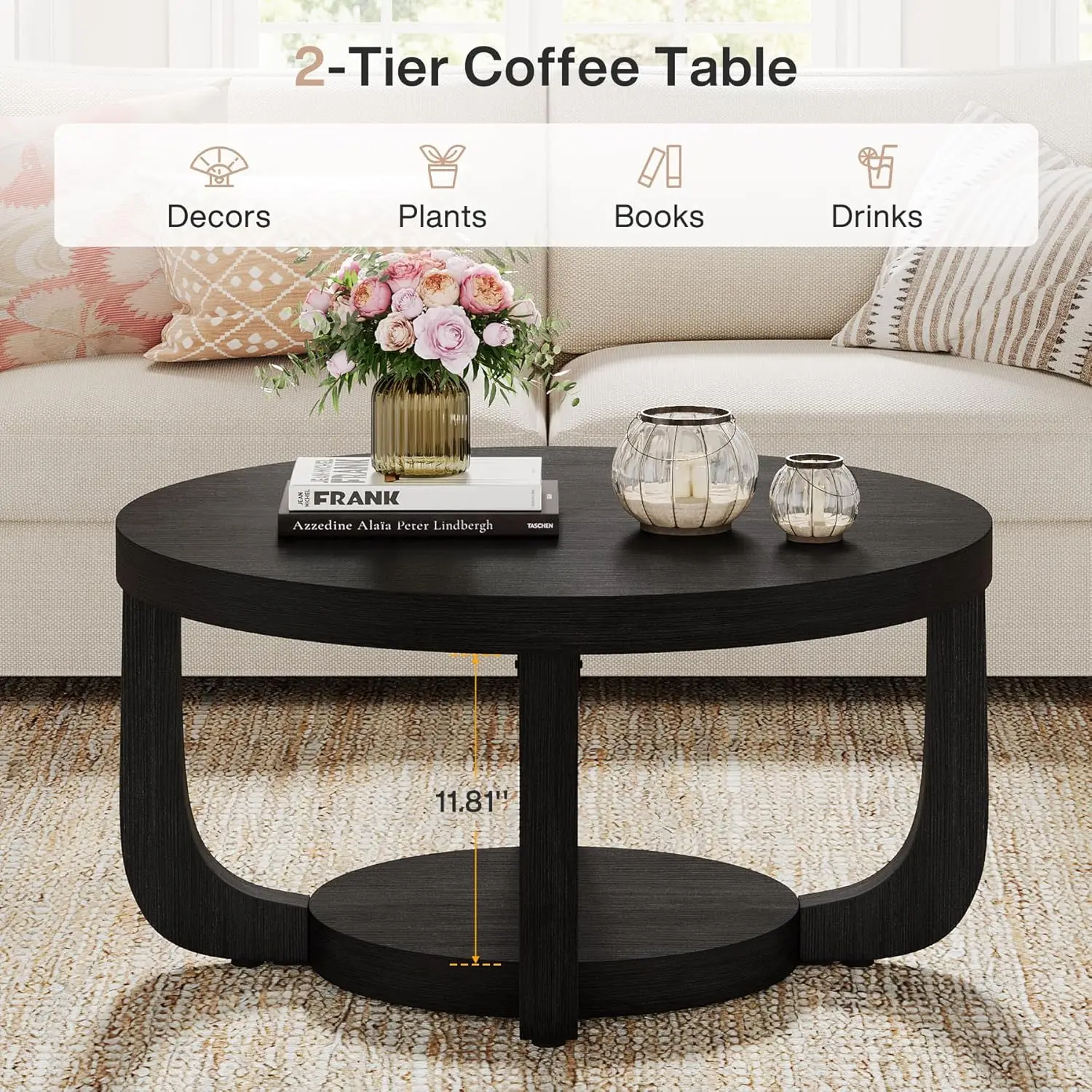 Mesa de Café Redonda, Mesa de Café Circular de 2 Níveis com Armazenamento, Mesa de Centro Moderna de Madeira para Sala de Estar, Personalizada