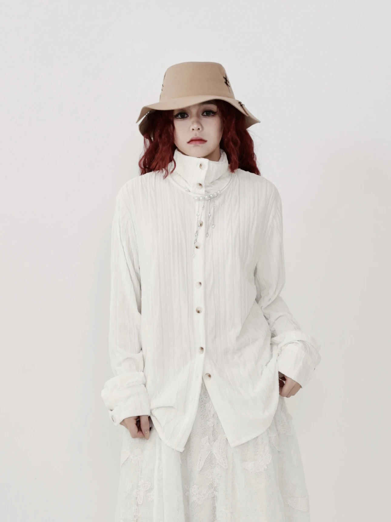 

Retro Style High Collar Long Sleeve Shirt Textured Fold Design Unique Aesthetic Citywalk Breathable Comfortable Women's Shirt