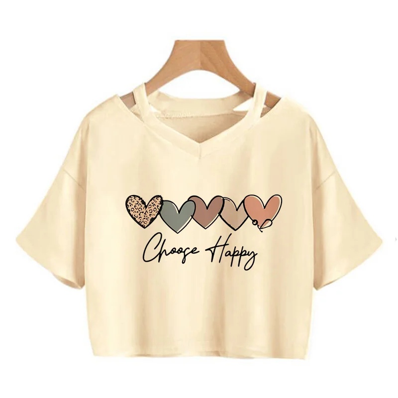 Heart Printed Crop Tops Funny Gothic Cropped T Shirt Women's Sexy Print Short Sleeve T-Shirt 90s Graphic Tshirt