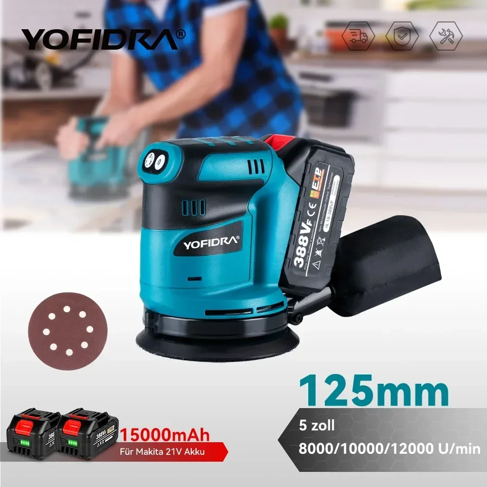 YOFIDRA 125 mm 3-Gang-Exzenterschleifer, Holzmühle, Polieren, Schleifen, Schleifmaschine für Makita 18 V Akku-Werkzeug