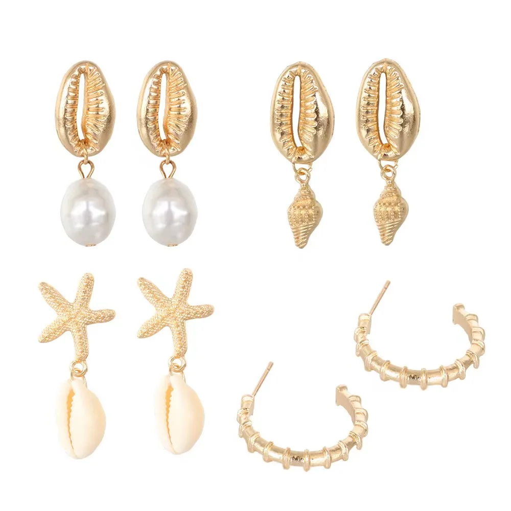 4pcs Bohemia Shell Starfish Dangle Earring Set For Women Summer Beach Pearl Conch Drop Geometric Earring Girls Fashion Jewelry