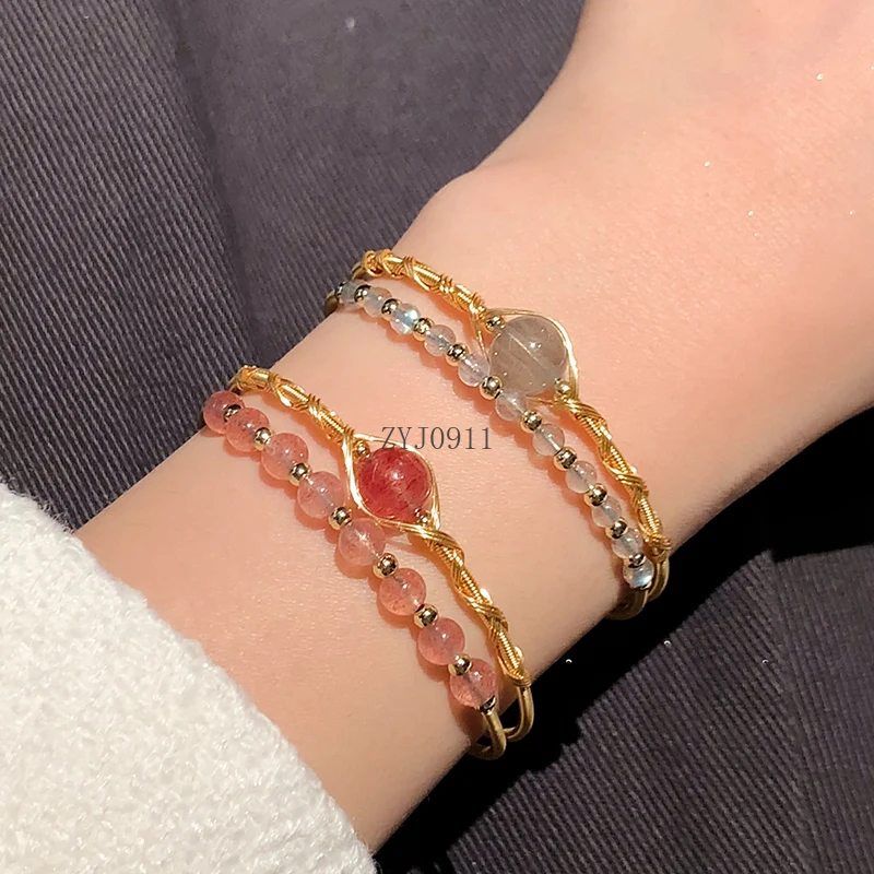 Nueva pulsera china de piedra lunar, pulsera de anillo liso para mujer, pulsera de cristal de fresa Premium, mano elástica de estilo nacional