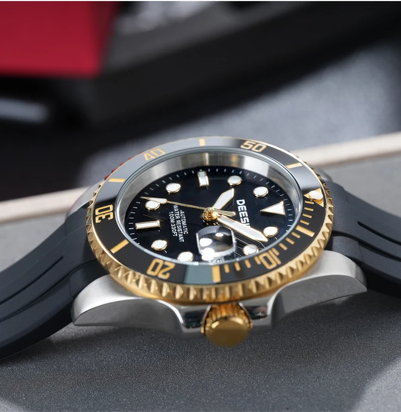 DEESIO Men's Luxury Full Automatic Mechanical Watch, Black-Golden Dial, Luminous Self-Winding, Date Calendar, High-Hardness Mineral Glass, Soft Silicone Rubber SweatproofStrap,Upgrade 100M Water Resistant, Business Casual Sport Analog Round Gift for Men
