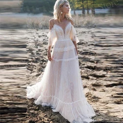 Boho Charming Elegant A Line Women's Wedding Dresses Pretty Lace Appliques Bride Gowns Sexy Backless Beach فساتين حفلات الزفاف