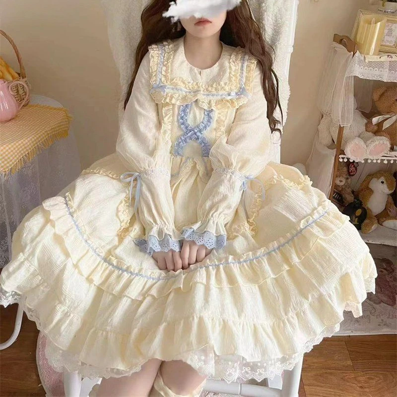 اليابانية Kawaii لوليتا نمط OP فساتين النساء الربيع الصيف الحلو القوس الكشكشة بيتر بان طوق كم طويل فساتين الأميرة 2024