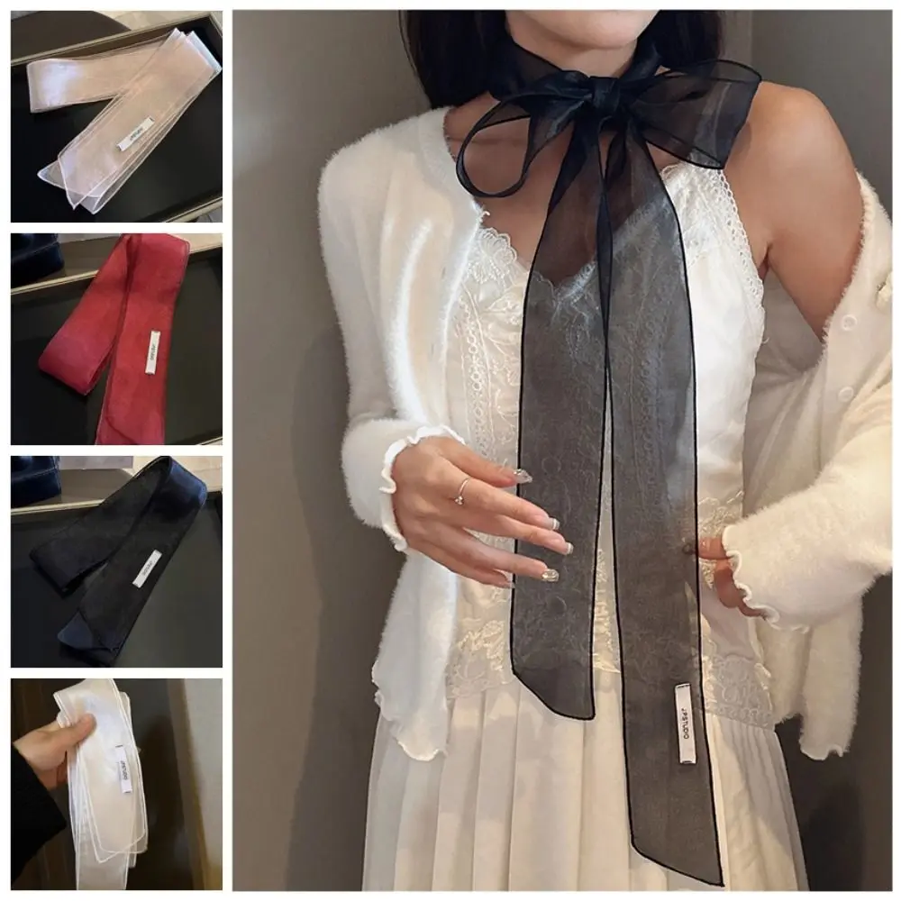 

Elegant Silk Material Silk Scarf Pearl Shiny Korean Style Headband Thin Long Narrow Scarf Women