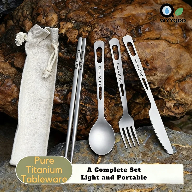 Pure Titanium Cutlery Set:Portable 3-Piece Western General Tableware with Chopsticks for Outdoor Camping,Travel & Home Use