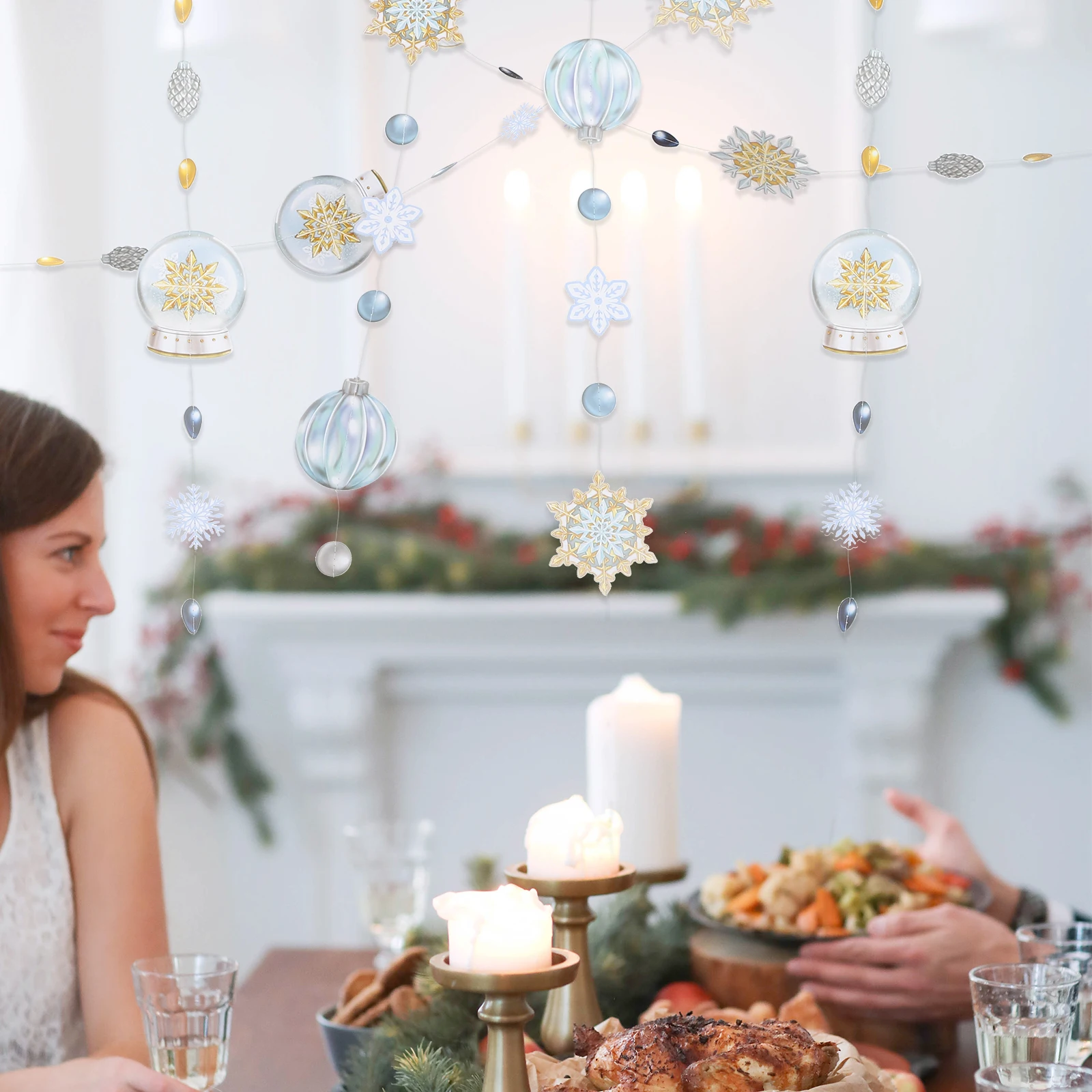 

4Pcs Christmas Snowflakes Bell Garland Hanging Decorations Party Bunting Indoor Home Xmas Banner Flag Wall Ceiling Decoration