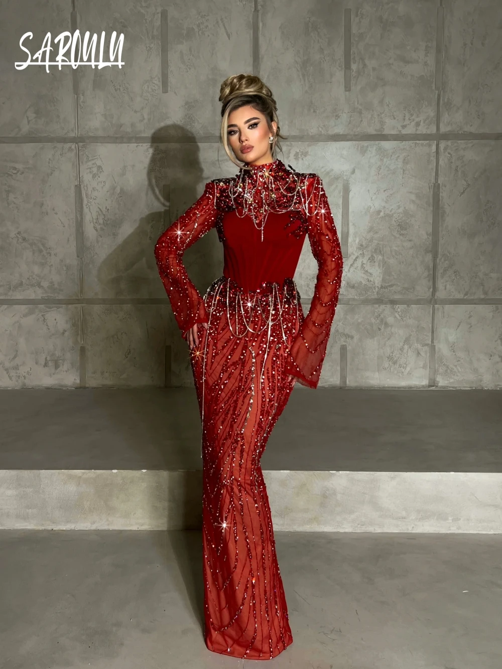 

Stunning Corset Sequined Evening Dress Customized Tassel Sexy Straight Party Formal Occasions Beaded High Neck Prom Gown