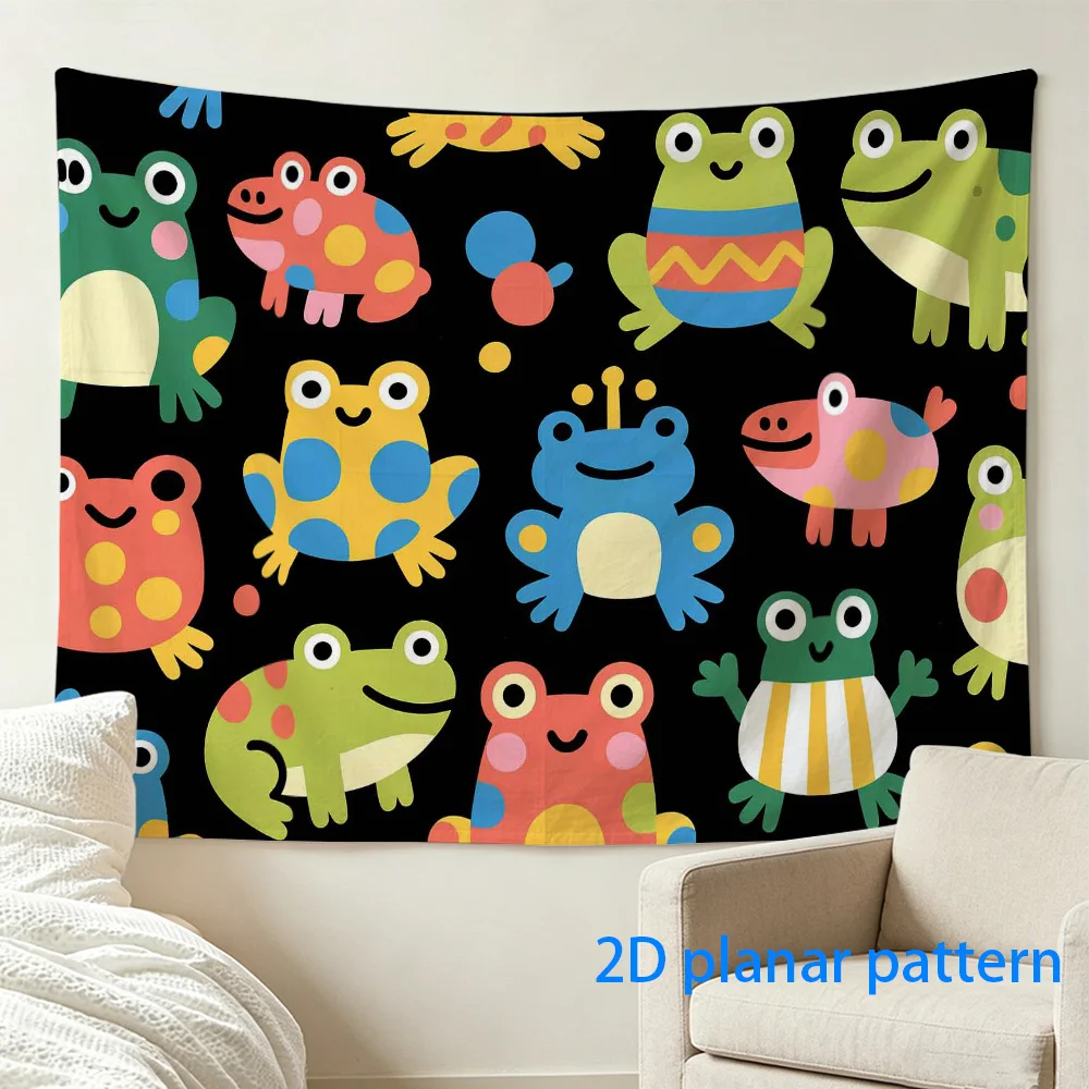 Colorful Frog Pattern Tapestry, Cute Cartoon Animal Wall Hanging, Funny Amphibian Art Decor Black Background Cloth for Kids Room