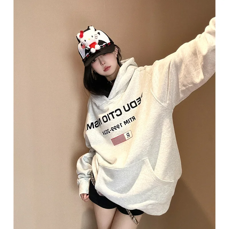 White Gray Womens Clothing Vintage Street Sweatshirt Y2K Letter Pattern Hoodie Pullover Long Sleeves Warm Oversize Ladies Tops