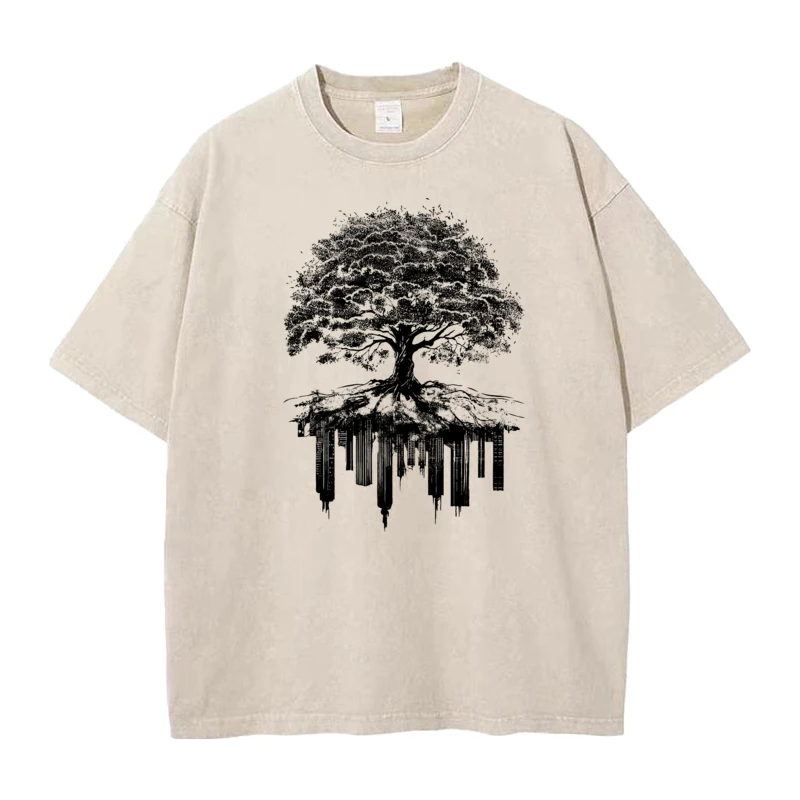 Tree And Urbanization Printed VALENTINE DAY 100% Cotton Round Collar Tees Funny Washed Tee Shirt Classic Washed Retro T Shirts