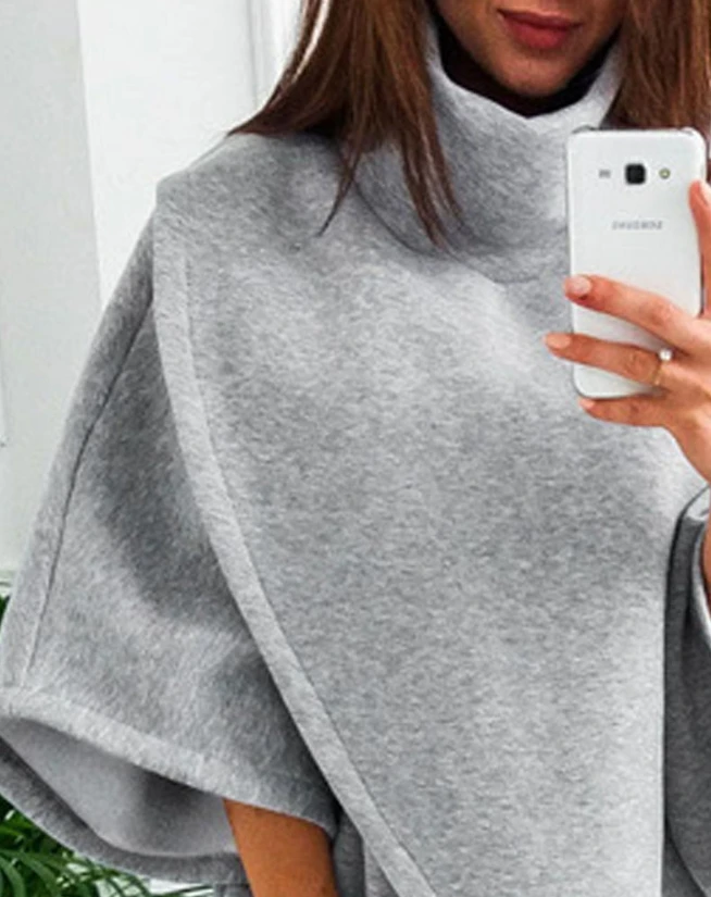 Dames Sweatshirts 2024 Herfst Mode Hoge Hals Asymmetrische Zoom Cape-Vormige Wrap Casual Effen Kleur Losse Dagelijkse Sweatshirt