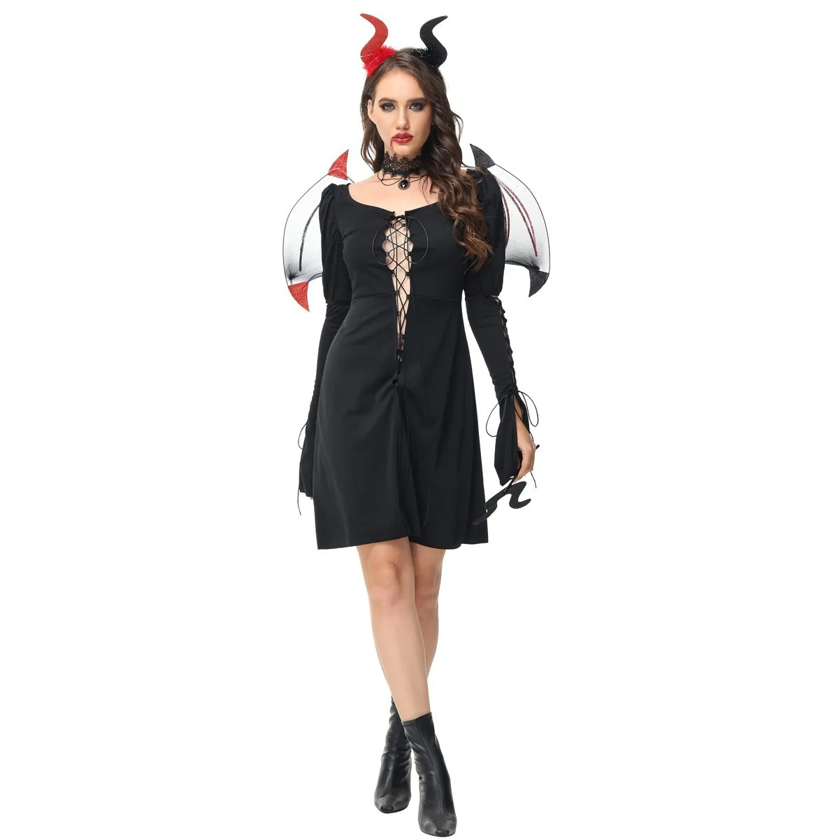 

Black Demon Dress Gothic Witch Costume Binding Sexy Witch Vampire Costumes Set Magic Elf Halloween