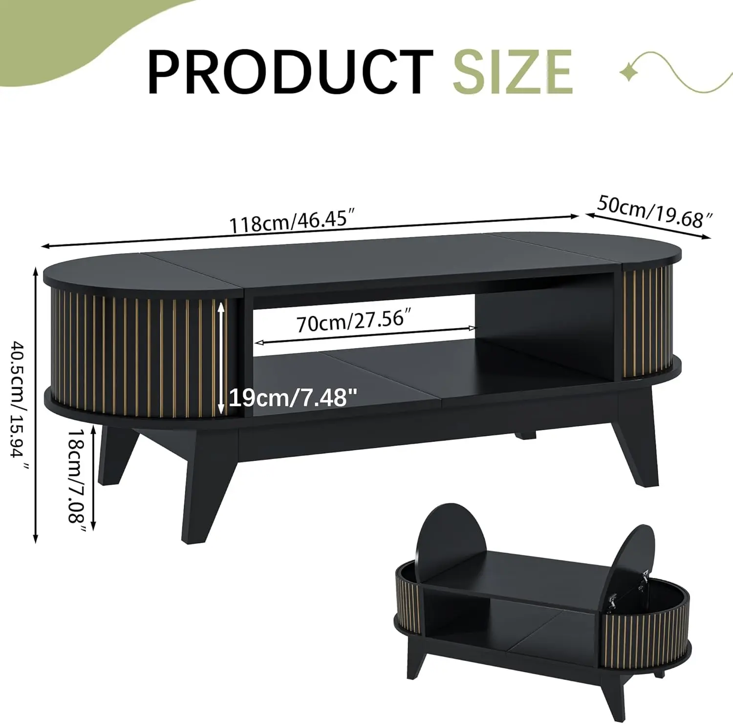 Coffee Table with 2 Hidden StorageMid Century Modern Coffee Table with Fluted FinishWood Center Table Oval Coffee Table with Fli