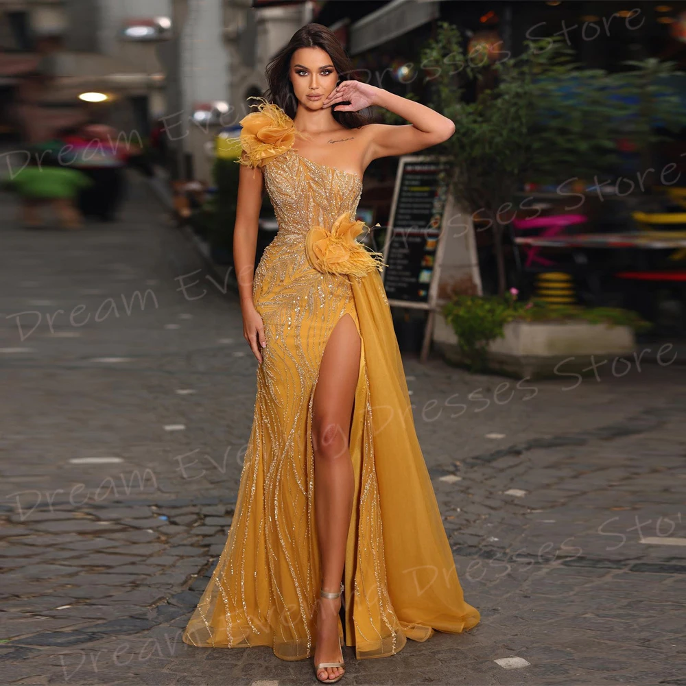 Graceful Yellow Mermaid Charming Women's Evening Dresses One Shoulder Sleeveless Prom Gowns High Split Beaded Vestido De Noche