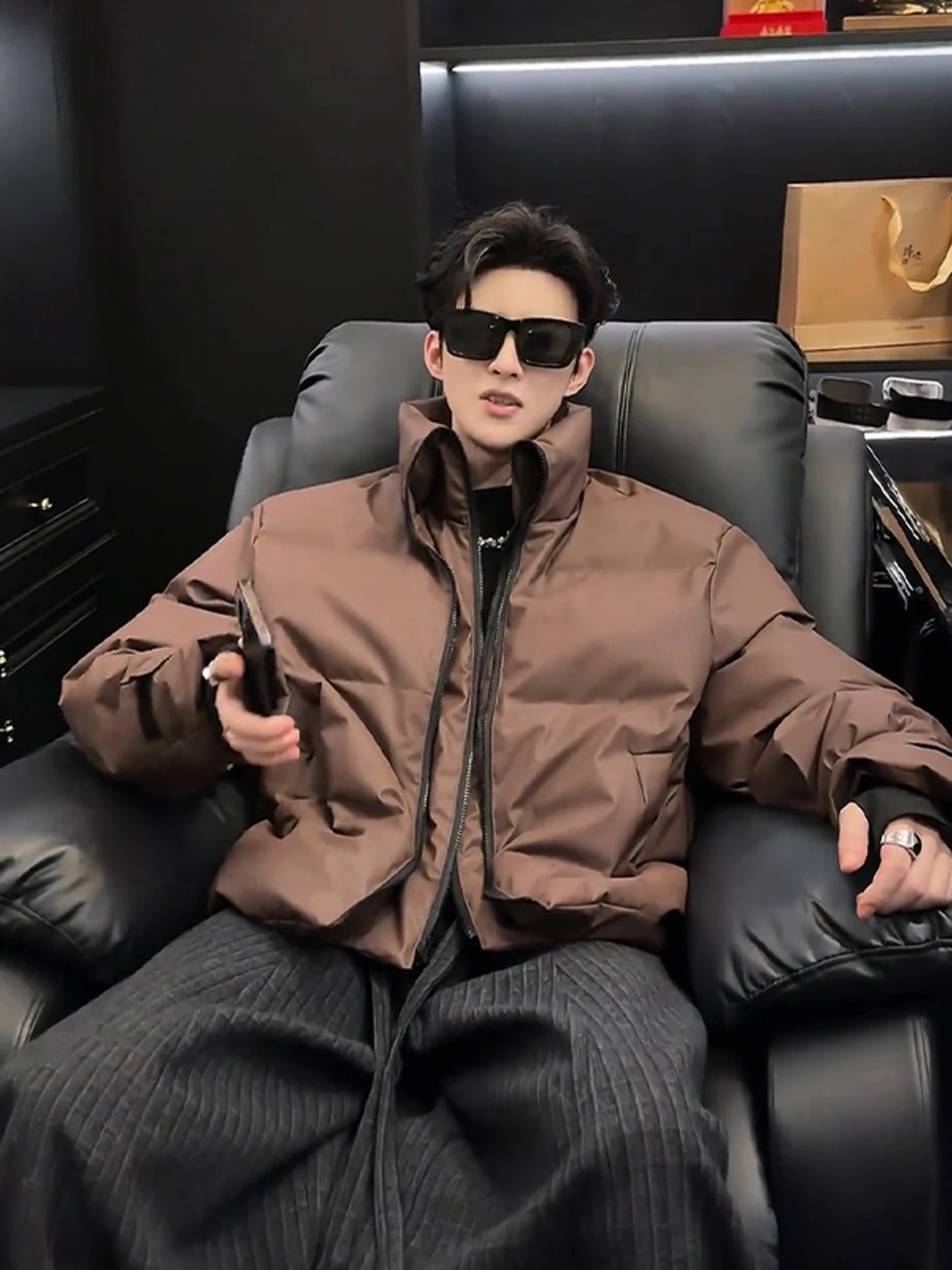 

Men's ort U-ape Zipper Cotton Jaet Thi Warm Retro Coffee Color Stand Collar Winter Coat Faionable Ci Sle Outerwear