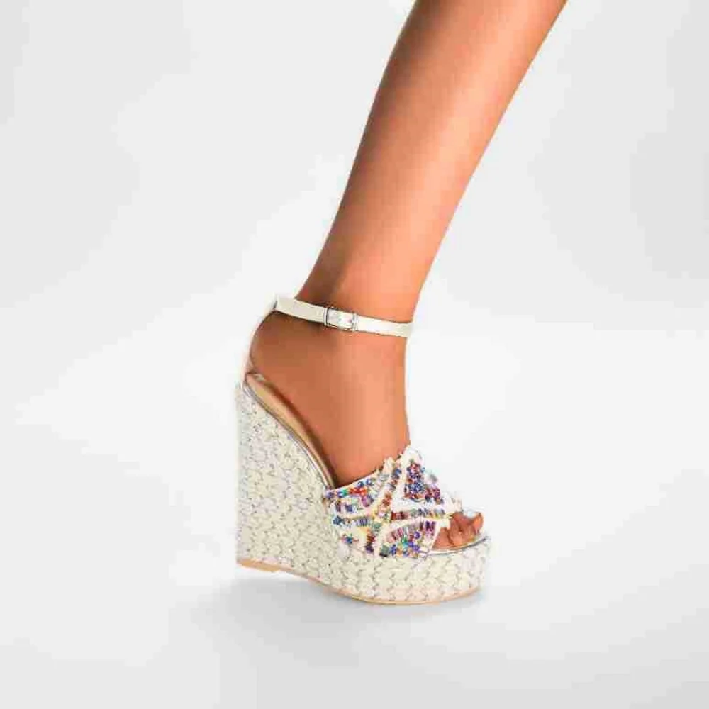 Multi Color Crystal Embellished Thick Platform Wedges Women Espadrille Gladiator Sandals Lady Peep Toe Slingback Banquet Shoes