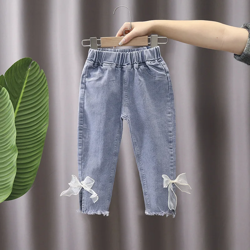 Spring Autumn Children Girls Denim Pants Elastic Waist Mesh Bowknot Harem Baby Girls Pants Exterior Stylish Kid Girls Trousers