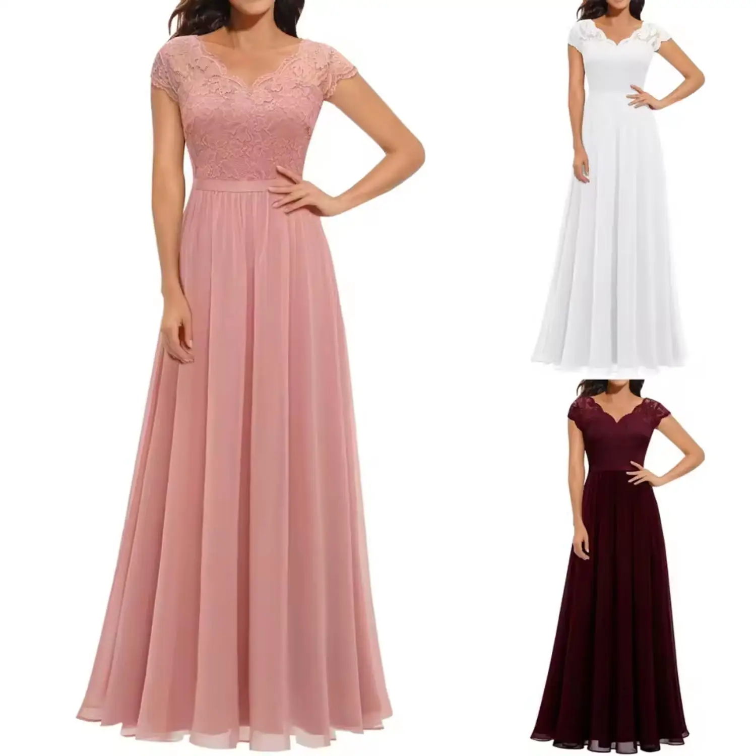 

EINY Women's Elegant Lace Long Dress Evening Club Party Wedding Solid Color V-neck Mid-Sleeve Backless Back Zipper Female Dress