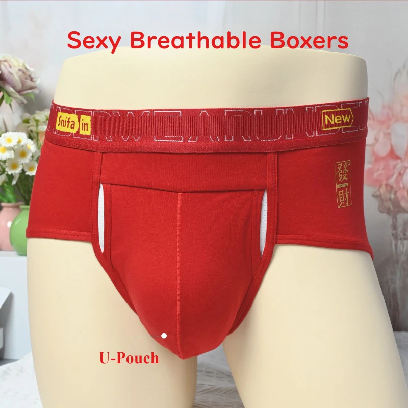 

Man Big Pouch Underwear Pure Red Color Breathable Boxers Bulge Briefs Erotic Panties Side Hole Breathable Boxershorts Sissy