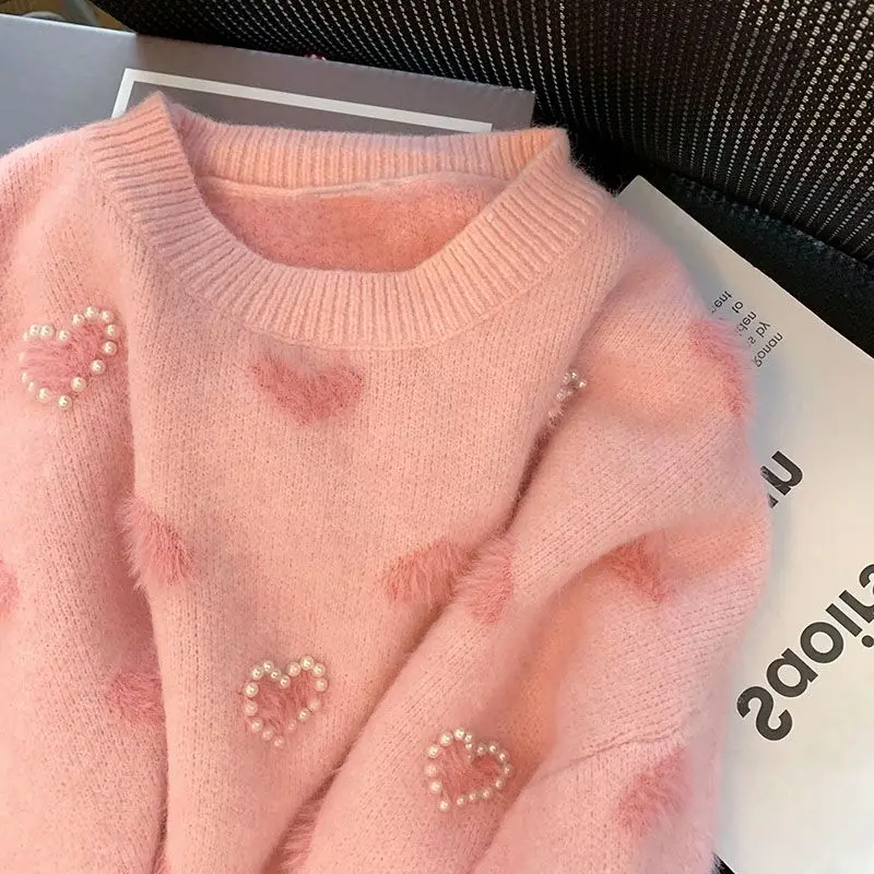 Vintage Argyle Mohair maglione donna autunno inverno 2024 moda coreana o-collo amore perline pullover femminili Sueter Mujer