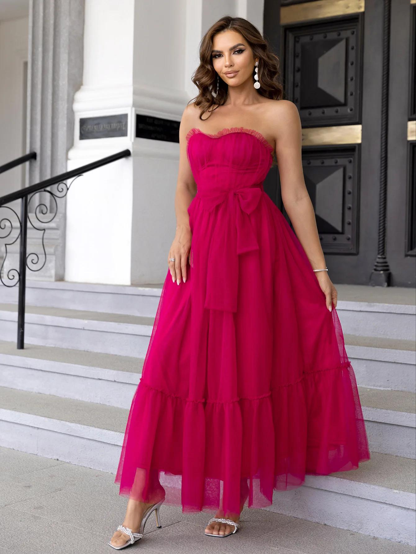 EINY Luxury Women\'s Formal Dress Sleeveless Off-Shoulder Cute Girl Skirt Sexy Casual Mesh Ruffles Wedding Prom Maxi Dress Gowns