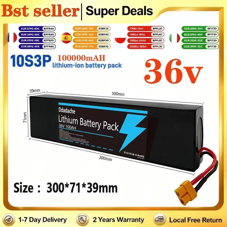 Batterie lithium-ion rechargeable 10S3P 36V 100Ah nouvellement améliorée, adaptée aux scooters électriques pliants de montagne, moteur haute puissance 250W-1000W, avec BMS intelligent