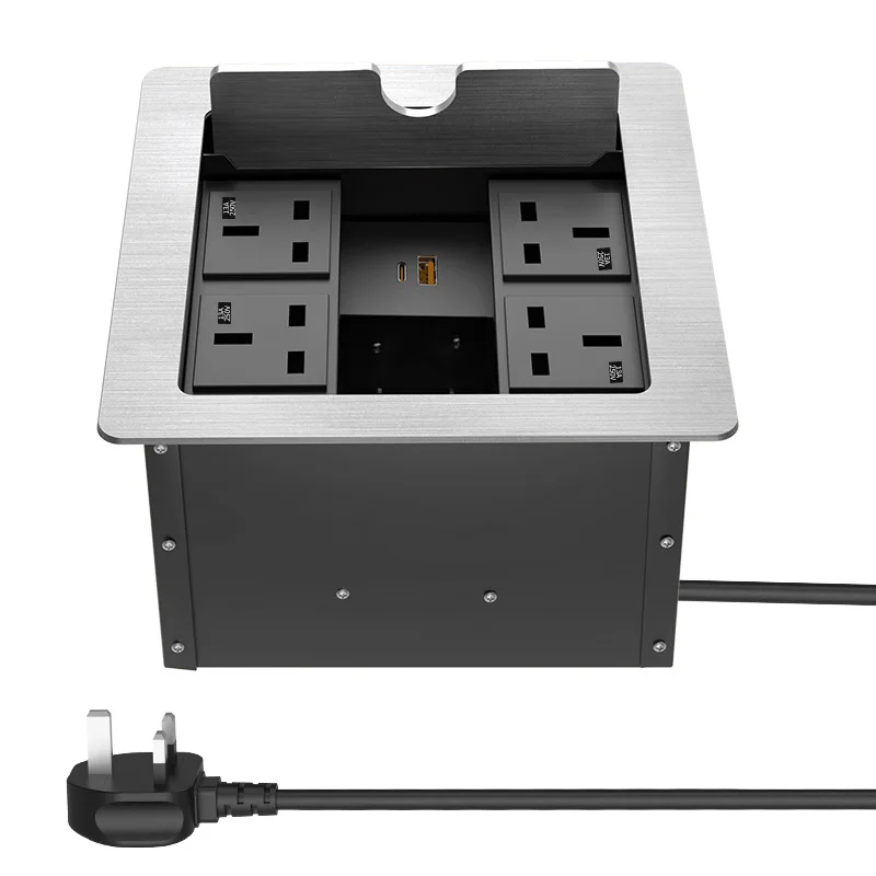

British standard 4 power clamshell socket, embedded 2USB British standard desk box socket, hidden desktop power socket