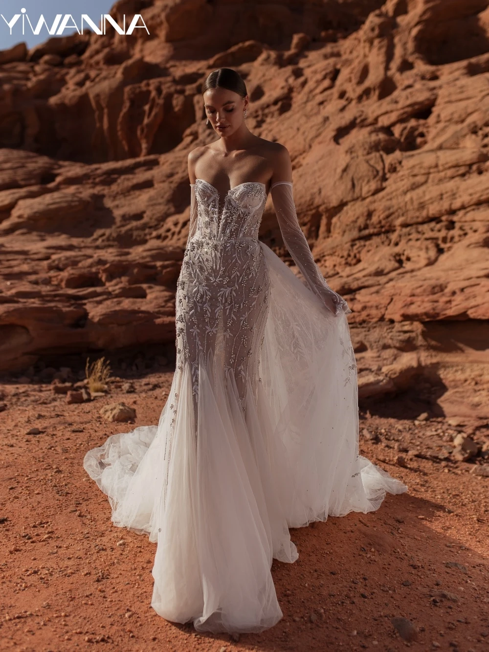 

Luxury Beaded Mermaid Long Wedding Dress With Detachable Train Sexy Illusion Sleeveless Bridal Gown Customized Dresses For Bride