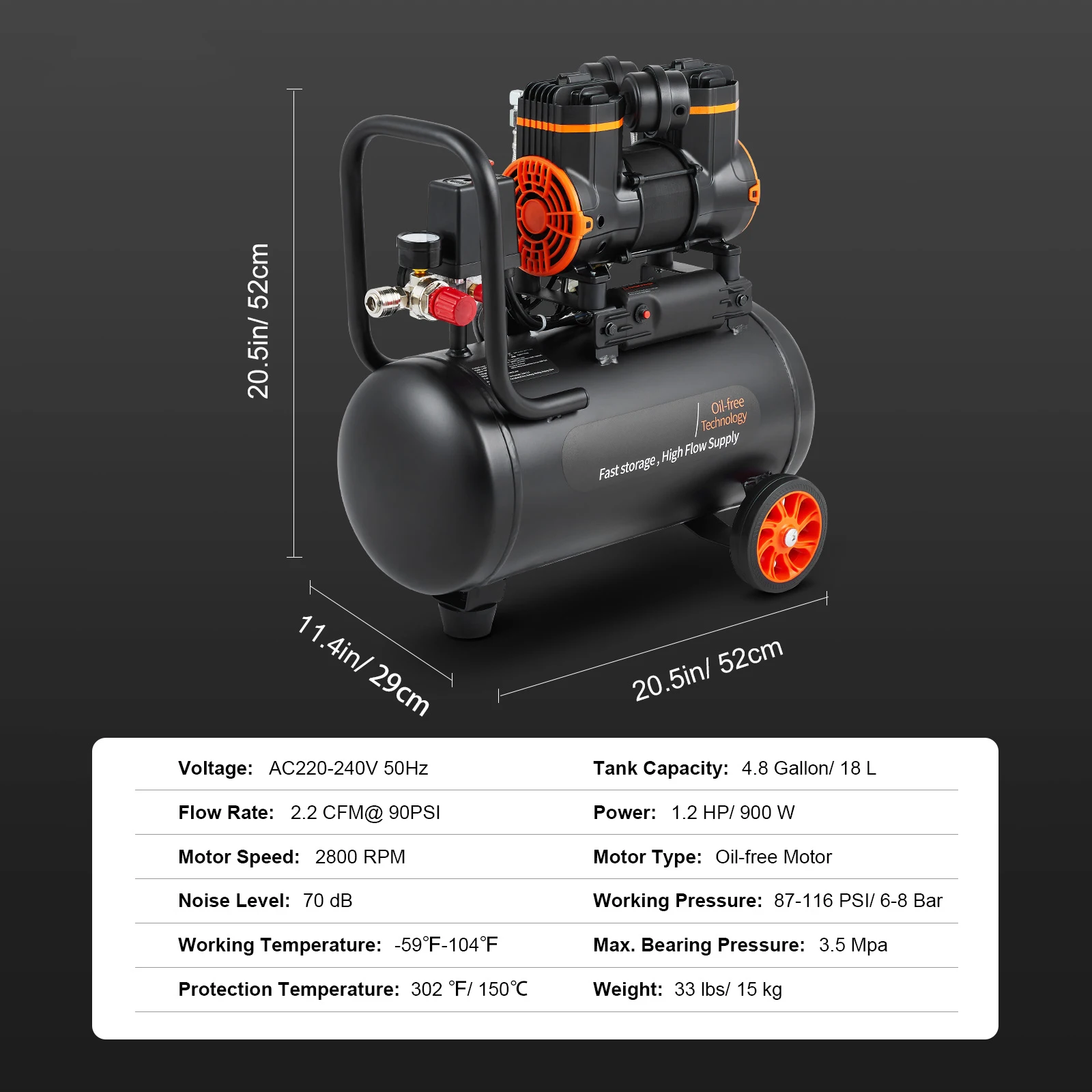 SucceBuy Luchtcompressorpomp 900W 1450W 1800W Stille olievrije draagbare compressor voor reparatie Bandenspanning Fluistercompressor