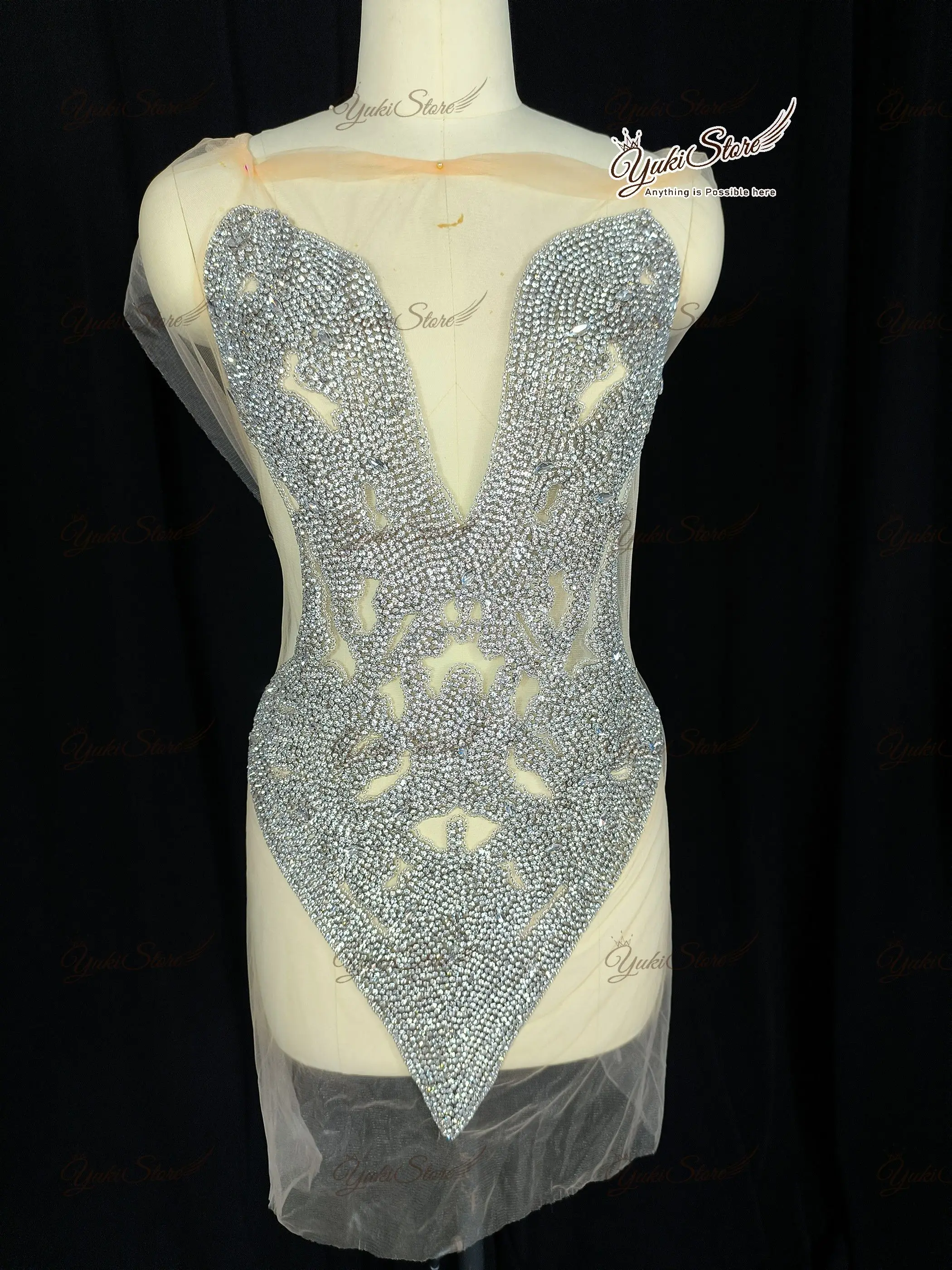 Silver Very Good Quality Sexy Dress Wedding Dress Bodice Sexy Stone Beaded Rhinestone Mesh Lace Applique Bodice JY066 2024