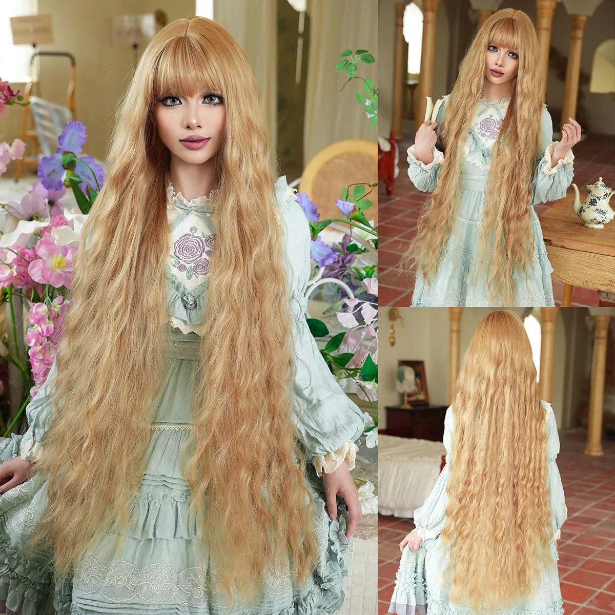 

NAMM 44 Inch Extra Long Blonde Cosplay Wig With Bangs Loose Long Curly Blonde Lolita Wig For Women Party Wedding Rapunzel Use