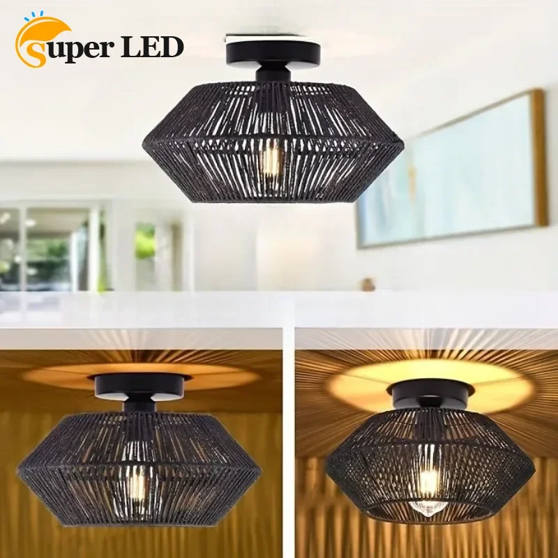 

1pc Rattan Lamp Ceiling Light Bohemian Lamp with Hand Woven Cage Lampshade Bedroom Hallway Farmhouse Semi Embedded Ceiling Light