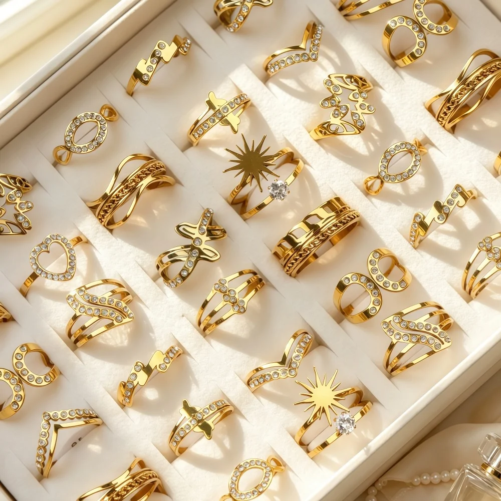 13/26/39Pcs/Lot Fashion Elegant Shiny Rhinestone Stainless Steel Rings Women Men Mix Style Jewelry Gift For Gatherings Daily Use