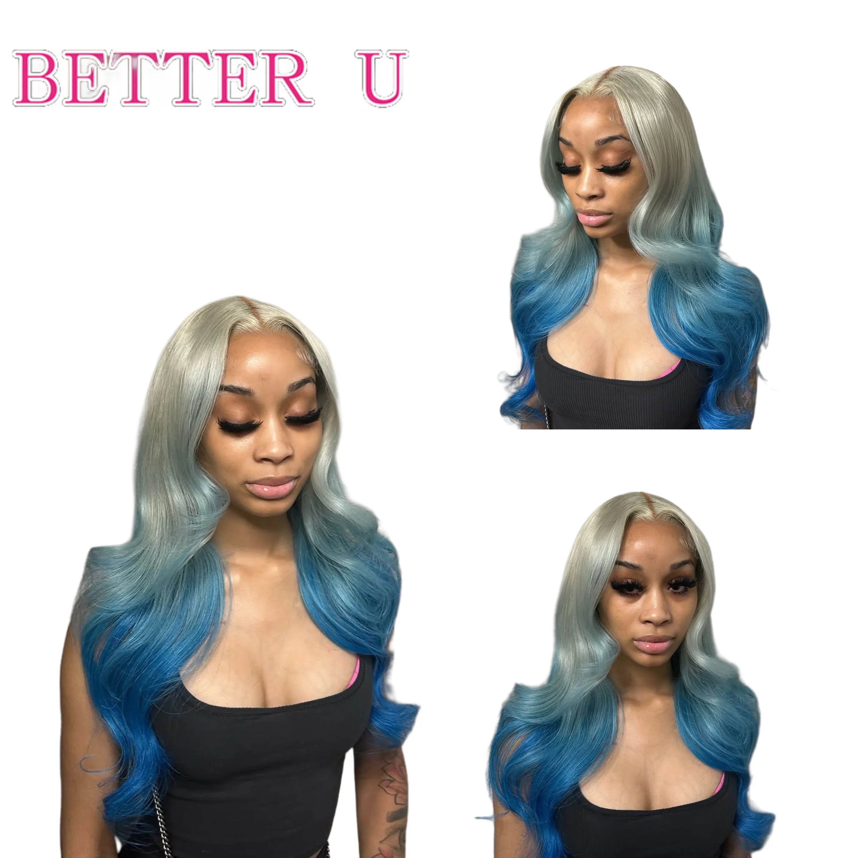 

250% Grey Ombre Blue 13x6 13x4 Lace Front Human Hair Wigs For Women Pre Plucked Brazilian Two Tone Colored 613 Lace Frontal Wig