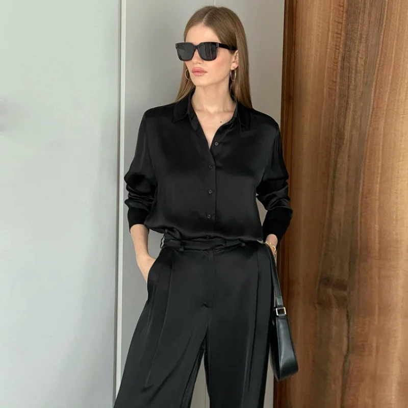 Early Spring Women's Clothing New Fashion Loose Drooping Shirt Commuter High Waist Satin Casual Trousers SuitWlj