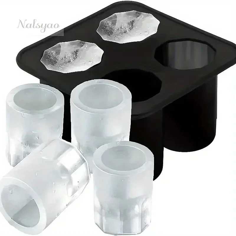 4 Cup Silicone Ice Cube Mold Shot Glass Ice Mould Tray for Whiskey Beer Cocktail Party Bar Summer Cold Drinking Tools