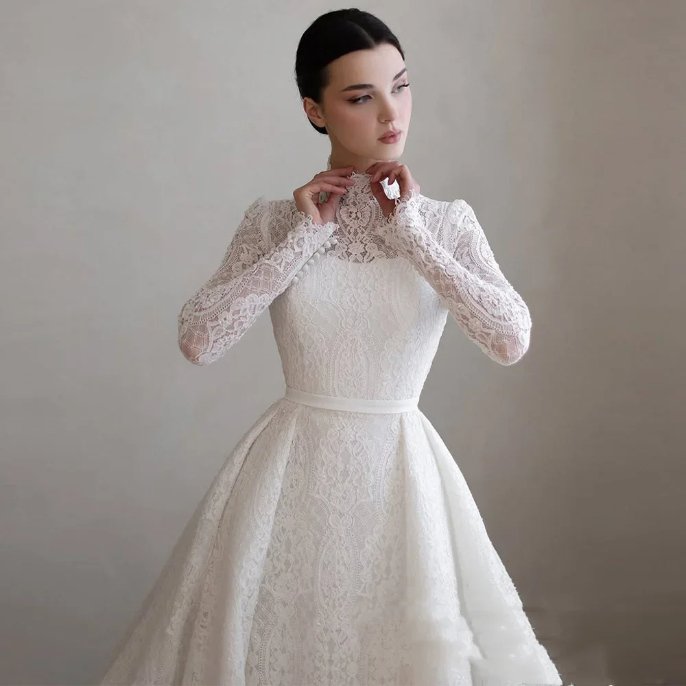Abiti da sposa saud eleganti personalizzati Collo alto Maniche lunghe Corte dei treni Abito da sposa in pizzo arabo Una linea Vestido De Novia