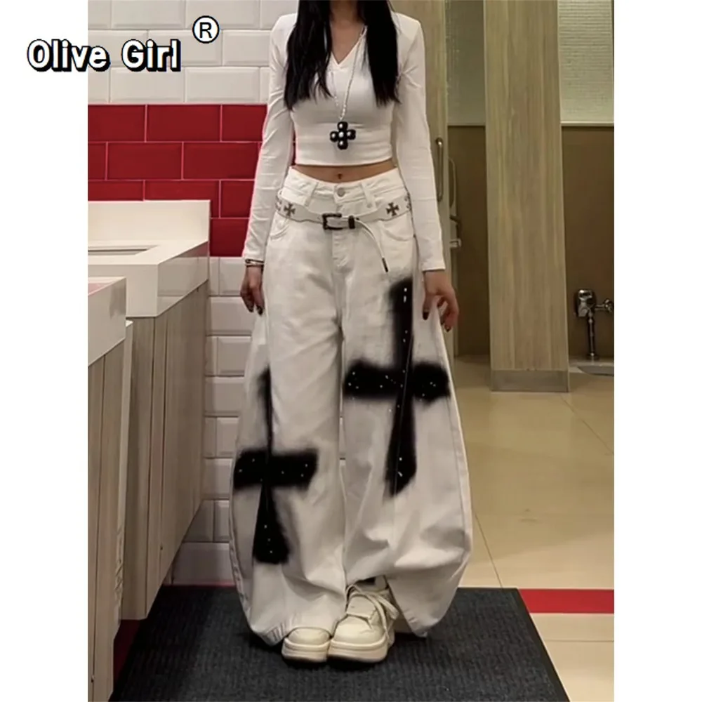 Y2K جينز نسائي عالي الخصر سوبر واسع الساق السراويل الفضفاضة أبيض أسود الصليب الكتابة على الجدران رصع القوطية الشارع الشهير سراويل جينز #3