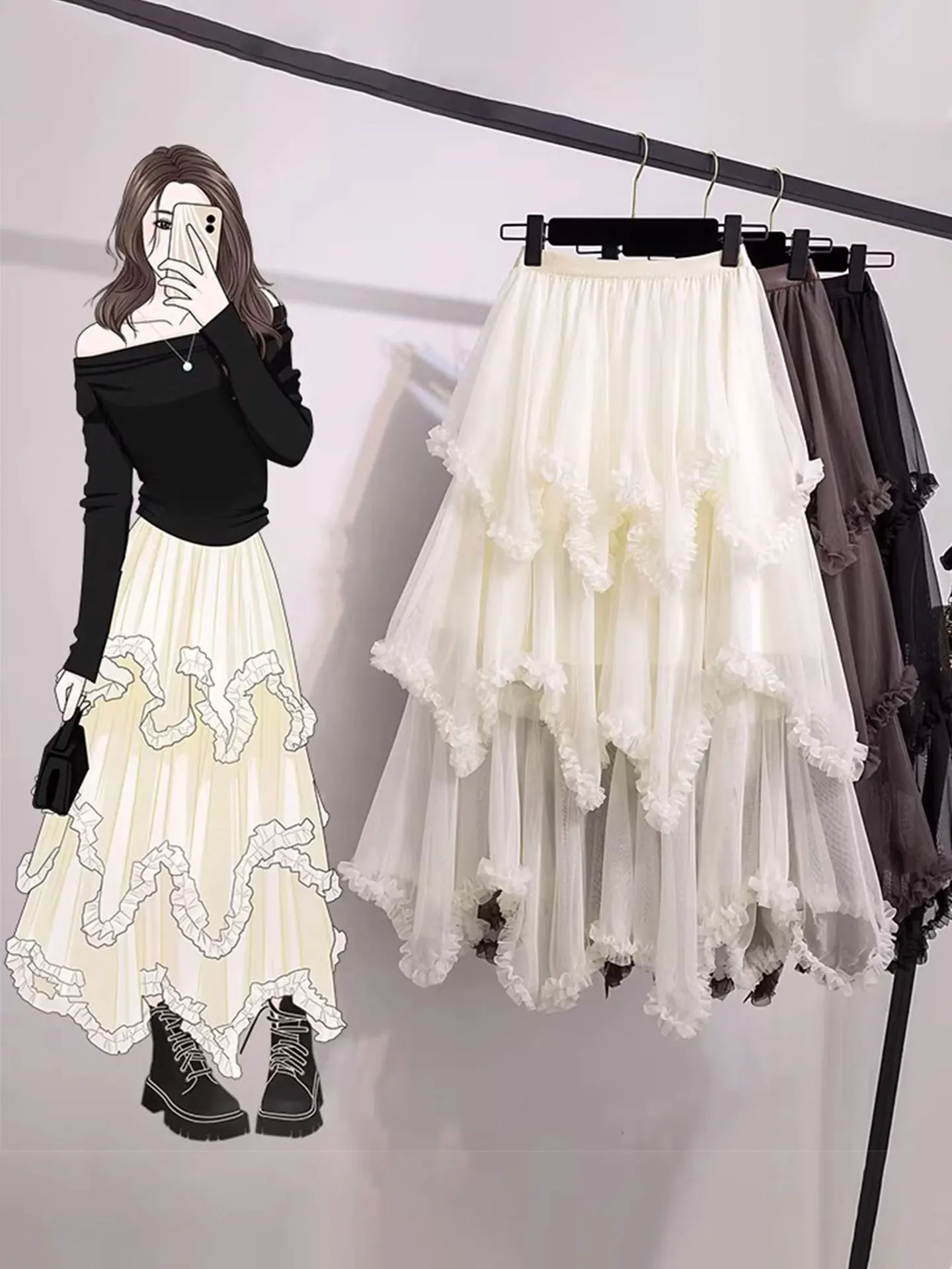 

High Waist Midi Skirt with Lace Trim Cake Style Mesh Paneling Women's plus Size Spring A-Line Skirt Korean Style Commute